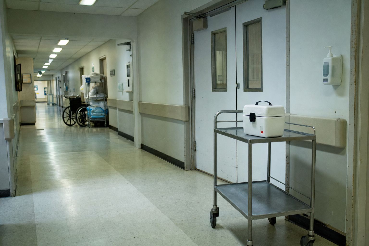 Une glacière de transport laissée sur un chariot dans un corridor vide, devant le bloc opératoire.